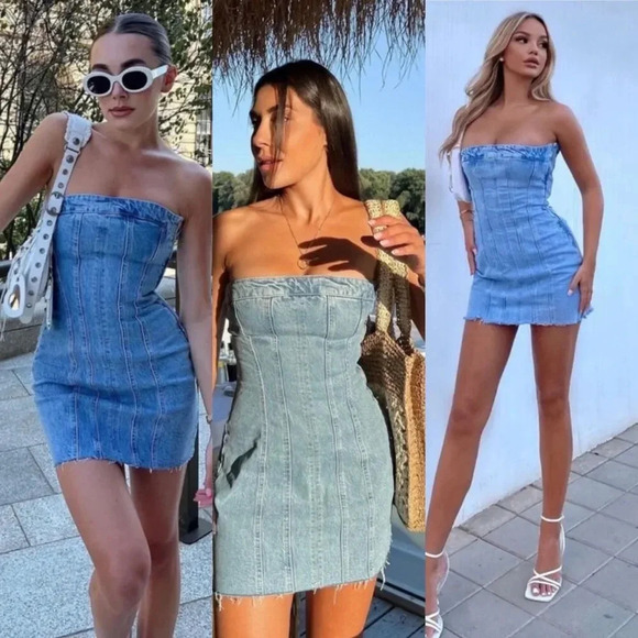 Zara DENIM BANDEAU DRESS  Size Large - Picture 1 of 10